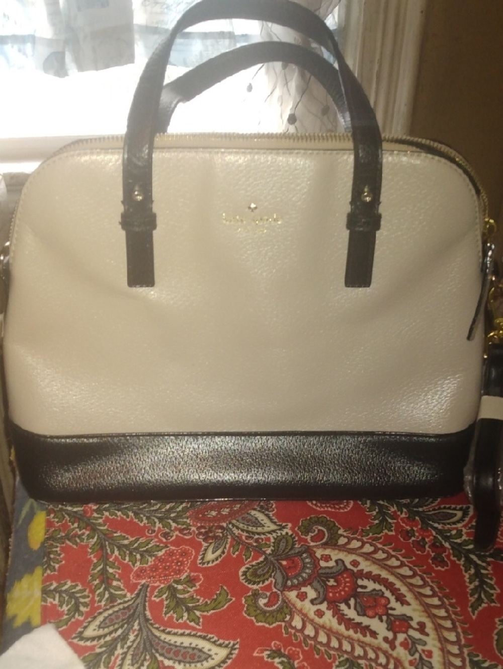 kate spade Cream and Black Dome Satchel with Gold Hardware